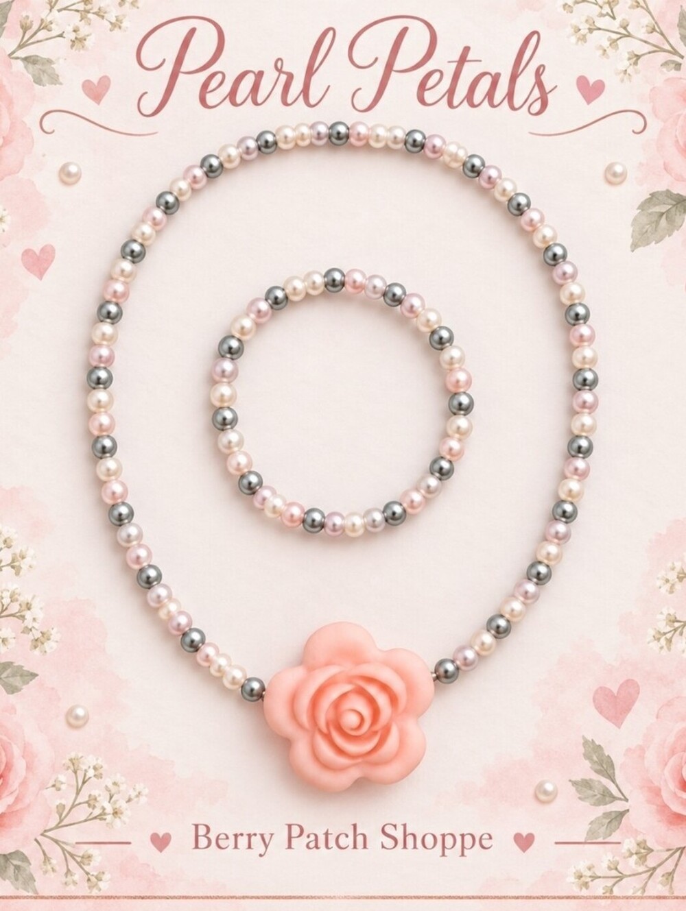 Coquette Pink Rose & Pearl Girls Fancy Necklace & Bracelet Jewelry Set